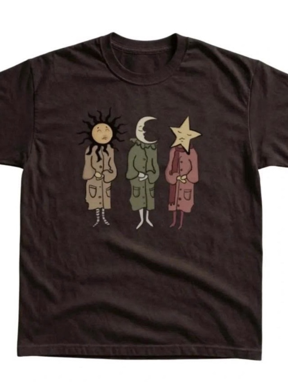 Gildan Brown Graphic Tee with Sun, Moon & Star Characters